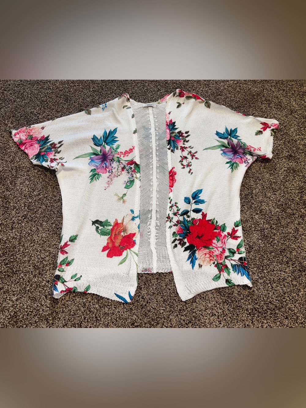 Luisa Ricci Italy White Floral 1/2 Sleeve Drape Front Cardigan Sweater Size M